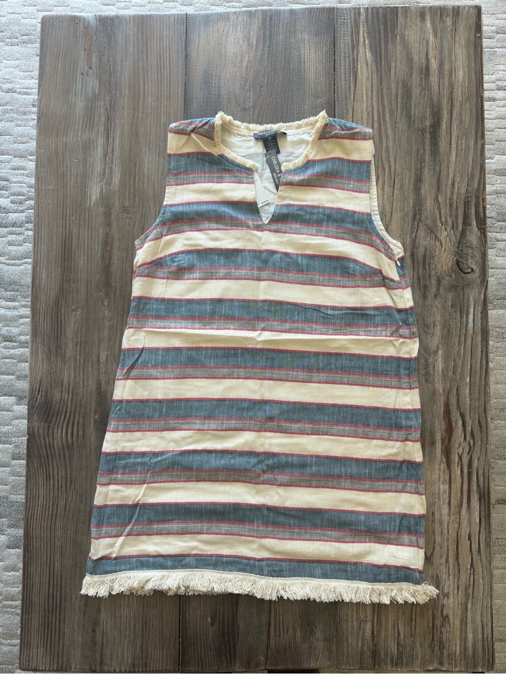 Chelsea & Theodore Striped Fringe Boho Cotton Shift Dress Size 12 NWT